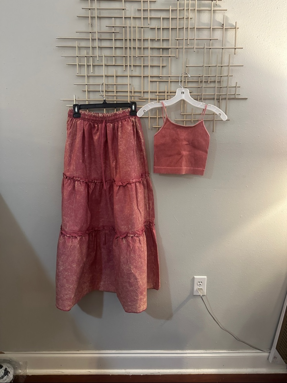 Women’s Pink Tiered Maxi Skirt and Crop Tank Set